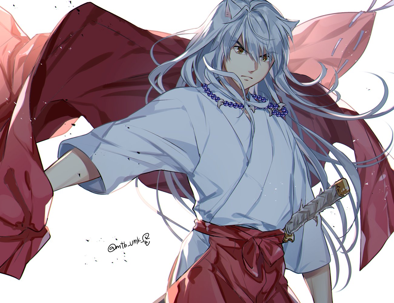 1boy angry animal_ears arm_at_side backlighting bangs closed_mouth cowboy_shot dog_ears frown hip_vent holding inuyasha inuyasha_(character) jacket jacket_removed japanese_clothes jewelry long_hair looking_away male_focus motobi_(mtb_umk) necklace outstretched_arm ribbon-trimmed_sleeves ribbon_trim simple_background solo sword weapon white_background white_hair yellow_eyes