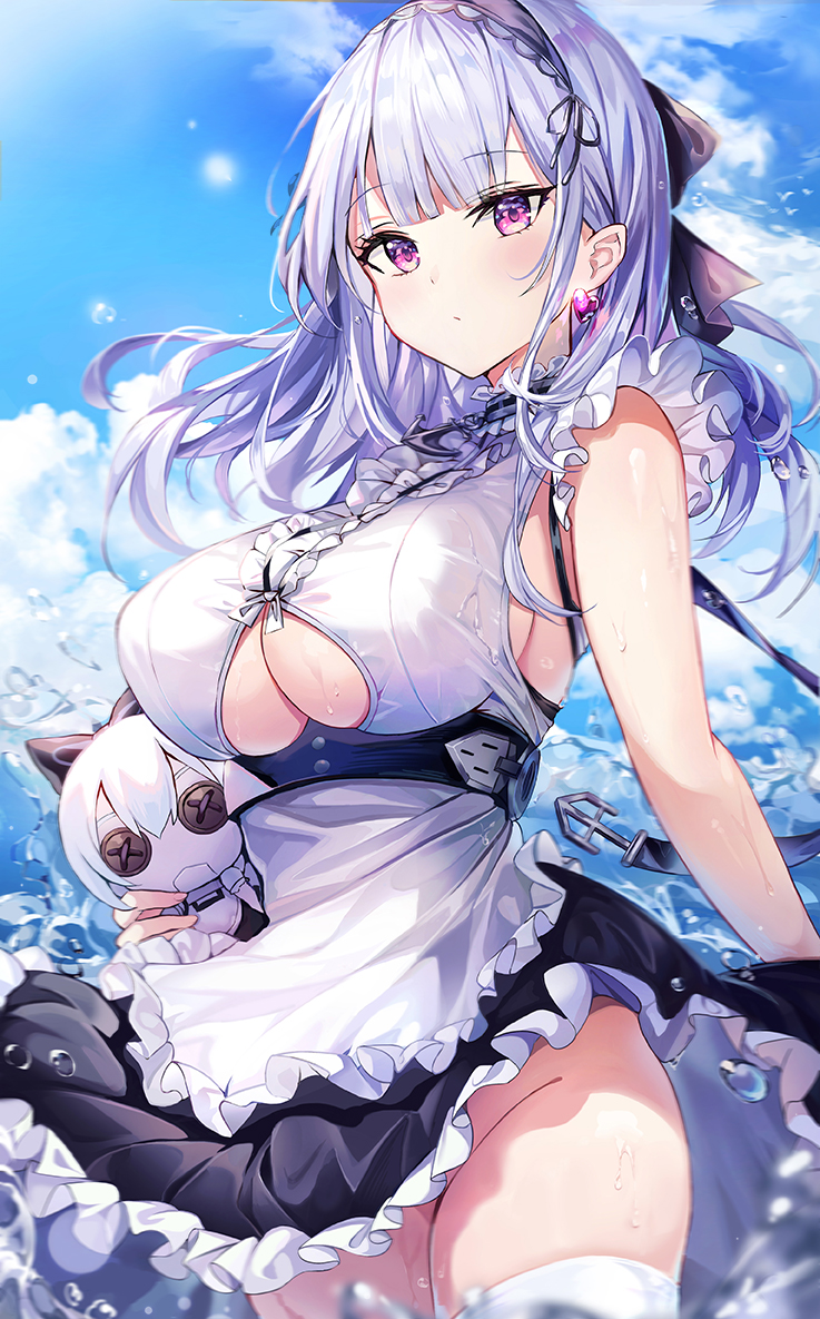1girl apron azur_lane bangs bare_shoulders black_hairband blush breasts character_doll closed_mouth dido_(azur_lane) earrings eyebrows_visible_through_hair floating_hair frilled_apron frills hairband heart heart_earrings jewelry lace-trimmed_hairband large_breasts long_hair looking_at_viewer maid narae no_panties outdoors silver_hair sirius_(azur_lane) sleeveless solo standing thigh-highs thighs under_boob underboob_cutout violet_eyes waist_apron water wet white_apron white_legwear