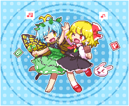 2girls antennae barefoot beamed_sixteenth_notes black_skirt black_vest blonde_hair blue_background blue_hair boned_meat butterfly_wings commentary_request dress eighth_note eternity_larva fang food full_body green_dress hair_ornament hair_ribbon hands_together hands_up holding holding_food kumamoto_(bbtonhk2) leaf_hair_ornament long_scarf looking_at_another lowres mallet meat multiple_girls musical_note one_eye_closed open_mouth pixel_art power-up rabbit red_eyes red_footwear red_neckwear red_ribbon ribbon rumia shirt short_hair skirt sleeves_past_wrists smile sparkle_background spoken_musical_note standing standing_on_one_leg touhou vest white_legwear white_shirt wings yellow_eyes