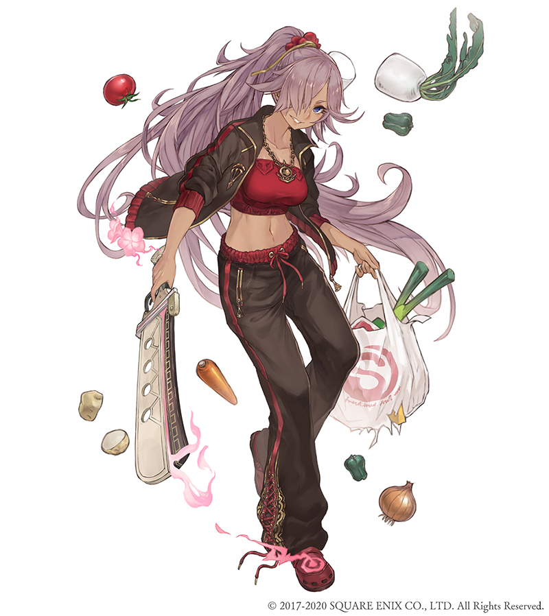 1girl bag blue_eyes breasts carrot cinderella_(sinoalice) crocs dark_skin full_body hair_over_one_eye jacket jewelry ji_no lavender_hair long_hair looking_at_viewer medium_breasts midriff navel necklace official_art onion open_clothes open_jacket pants ponytail potato shopping_bag sinoalice solo spring_onion square_enix tomato track_jacket track_pants track_suit very_long_hair white_background