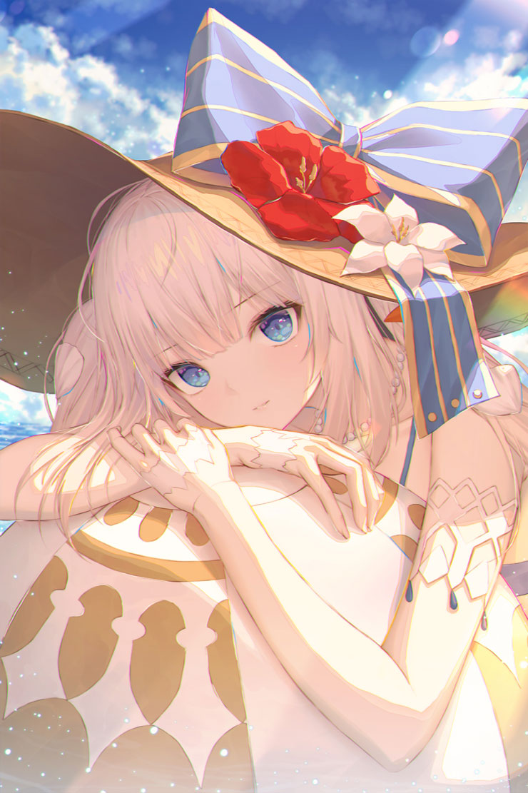 1girl ball bare_shoulders bikini blue_bow blue_eyes blue_sky bow closed_mouth clouds day fate/grand_order fate_(series) flower hat hat_bow hiera12 light_rays long_hair looking_at_viewer marie_antoinette_(fate/grand_order) marie_antoinette_(swimsuit_caster)_(fate) outdoors red_flower sky solo striped striped_bow sun_hat sunbeam sunlight swimsuit white_hair