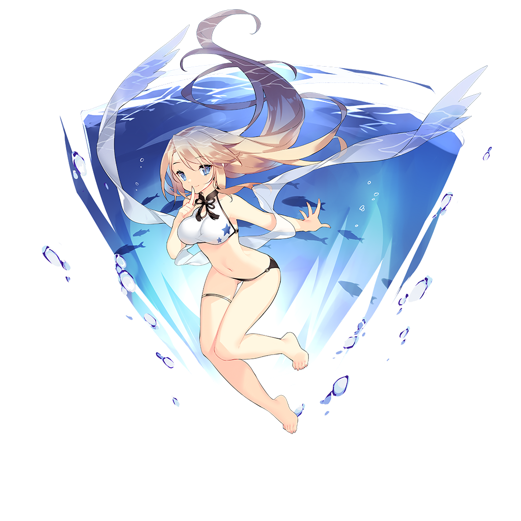 1girl archerfish_(warship_girls_r) ass_visible_through_thighs barefoot bikini blonde_hair blue_eyes breasts finger_to_mouth long_hair medium_breasts navel o-ring o-ring_bottom official_art saru sidelocks smile solo swimsuit thighlet transparent_background underwater very_long_hair warship_girls_r