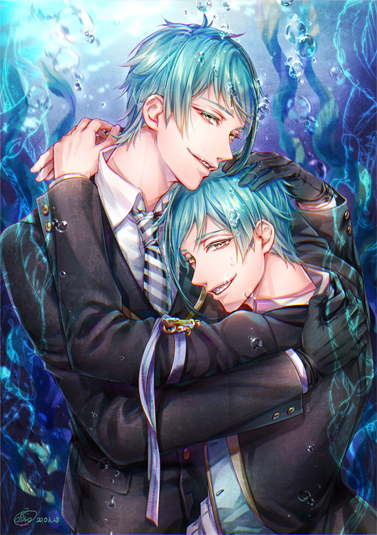 2boys air_bubble aqua_hair armband bangs black_gloves black_jacket blazer brothers bubble collared_shirt colored_eyelashes dated dr. floyd_leech formal gloves green_hair grin hand_on_another's_back hand_on_another's_head highlights hug jacket jade_leech long_sleeves looking_at_viewer male_focus multicolored_hair multiple_boys necktie own_hands_together seaweed sharp_teeth shirt siblings sidelocks sideways_glance smile streaked_hair striped striped_neckwear submerged suit teeth twins twisted_wonderland underwater upper_body white_shirt yellow_eyes