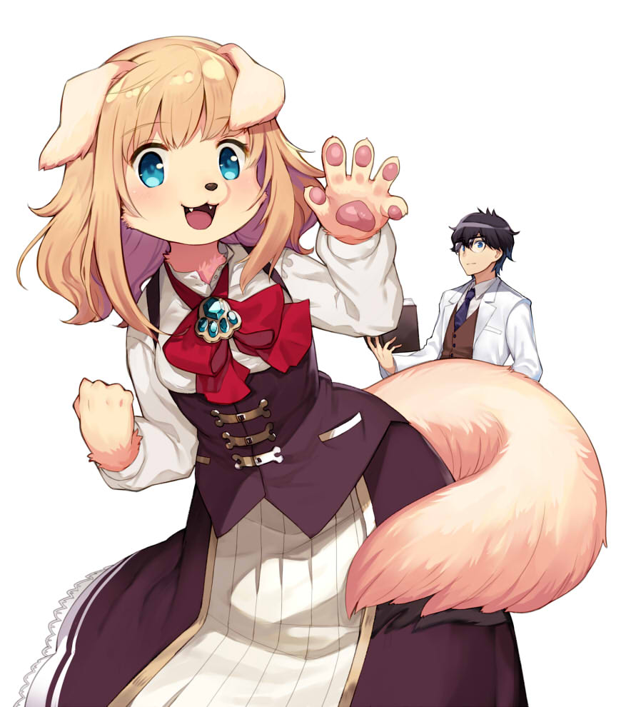1boy 1girl animal_ears aqua_eyes blonde_hair blue_eyes blush book brooch cowboy_shot dog dog_ears dog_girl dog_tail fangs furry glasses holding holding_book jewelry kishibe labcoat long_hair long_sleeves looking_at_viewer necktie original pawpads simple_background snout tail white_background