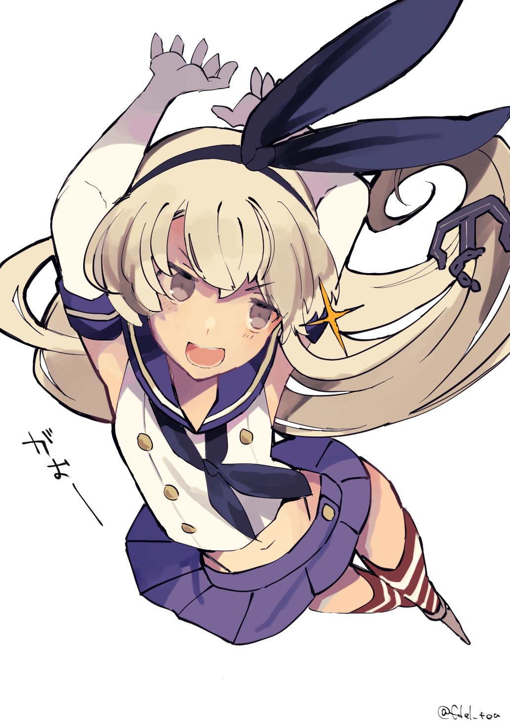 1girl anchor anchor_hair_ornament arms_up black_hairband black_panties blonde_hair crop_top edel_(edelcat) elbow_gloves eyebrows_visible_through_hair flat_chest from_above gloves grey_eyes hair_between_eyes hair_ornament hairband highleg highleg_panties highres kantai_collection long_hair looking_at_viewer looking_up microskirt miniskirt navel open_mouth panties sailor_collar school_uniform serafuku shimakaze_(kantai_collection) skirt smile solo sparkle striped striped_legwear thigh-highs twitter_username underwear white_gloves