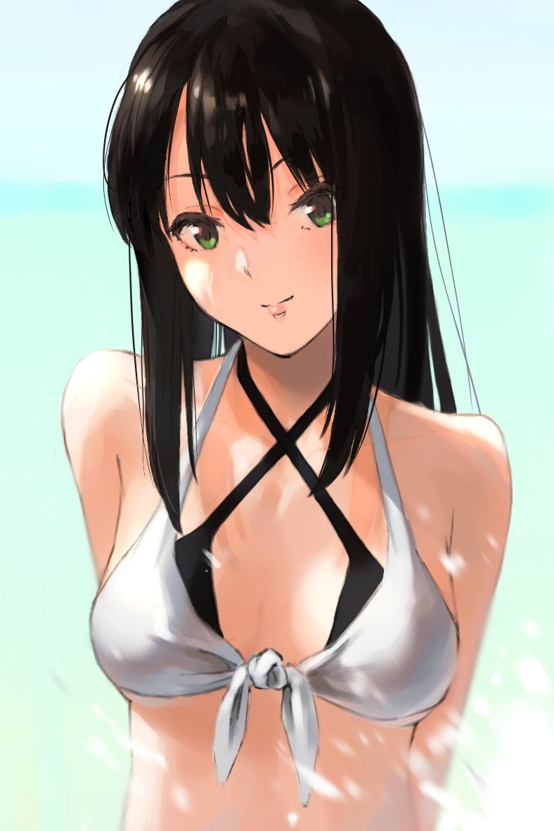 1girl bikini_top black_hair breasts green_eyes idolmaster idolmaster_cinderella_girls k_concord long_hair medium_breasts ocean shibuya_rin smile solo