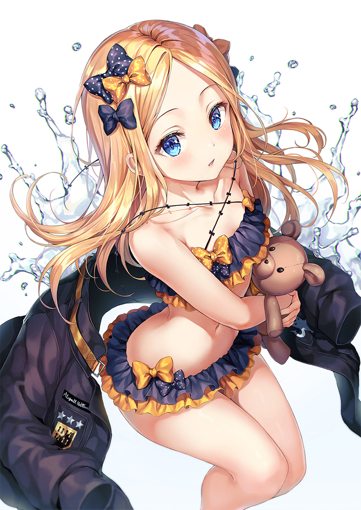 1girl abigail_williams_(fate/grand_order) bangs bare_arms bare_legs bare_shoulders bikini black_bikini black_bow black_jacket blonde_hair blue_eyes blush bow collarbone doll_hug emerald_float fate/grand_order fate_(series) feet_out_of_frame floating_hair frilled_bikini frills hair_bow jacket jacket_removed long_hair long_sleeves looking_at_viewer navel orange_bow parted_bangs parted_lips polka_dot polka_dot_bow r_o_ha sidelocks simple_background solo star stomach stuffed_animal stuffed_toy swimsuit teddy_bear thighs water white_background