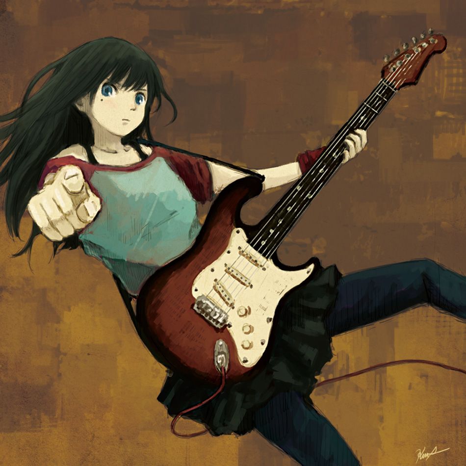 1girl black_hair blue_eyes guitar holding holding_instrument instrument kensight328 long_hair mole mole_under_eye original pants pants_under_skirt pointing pointing_at_viewer simple_background solo