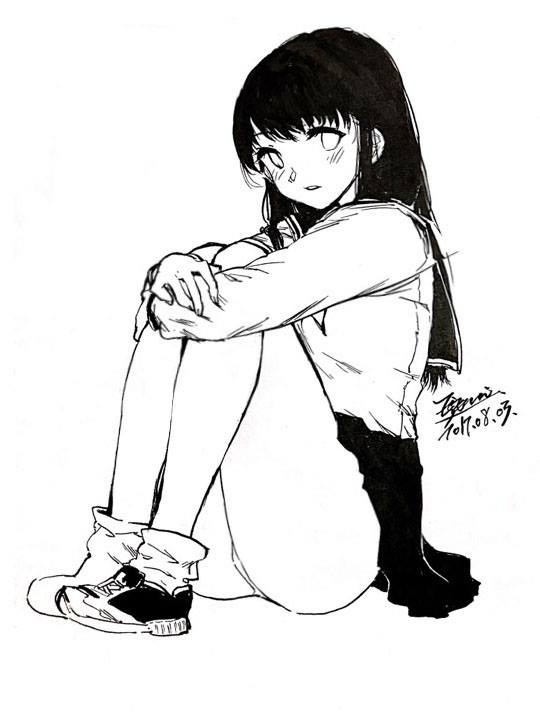 1girl dated ejami greyscale legs long_hair looking_at_viewer monochrome original panties school_uniform shoes signature simple_background sneakers socks solo underwear white_background