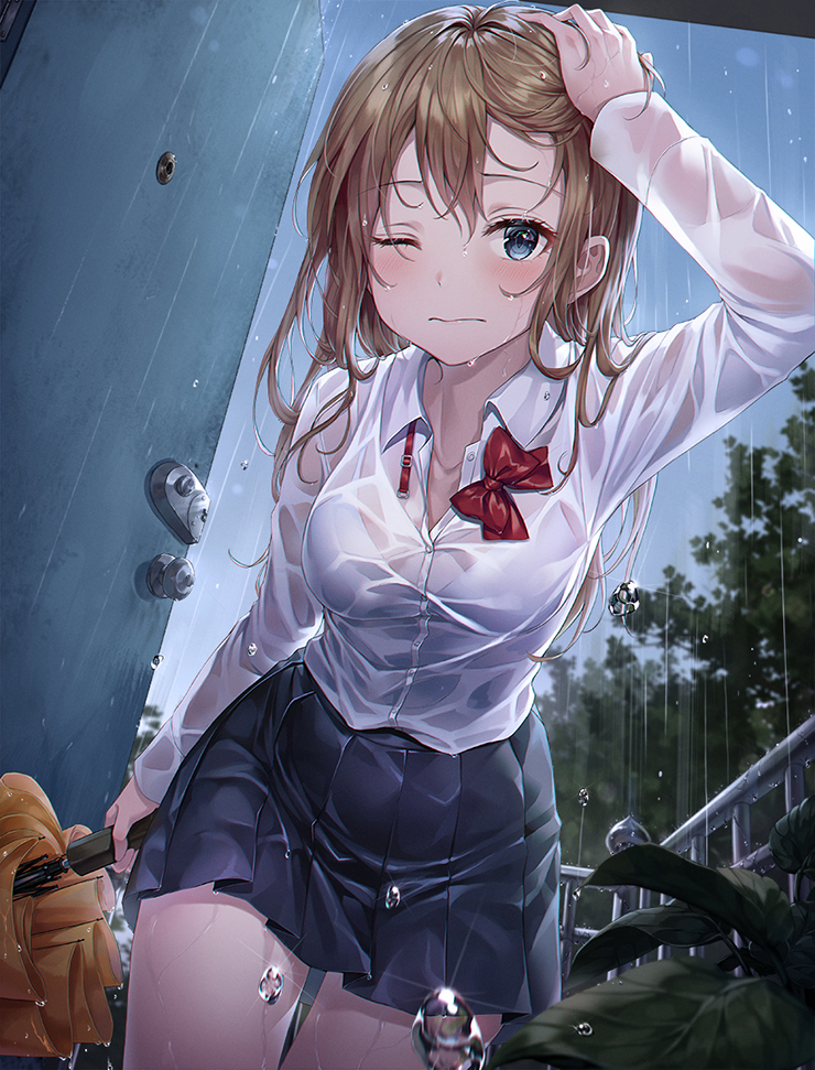 1girl 3; arm_up bangs black_skirt blue_eyes blue_sky blush bow bowtie bra breasts brown_hair closed_mouth collarbone collared_shirt cowboy_shot day door dress_shirt hand_on_own_head holding holding_umbrella long_hair long_sleeves looking_at_viewer medium_breasts miniskirt one_eye_closed original outdoors plant pleated_skirt r_o_ha railing rain red_bow red_neckwear school_uniform see-through shirt sidelocks skirt sky solo standing thighs tree umbrella underwear water wet wet_clothes wet_shirt white_bra white_shirt