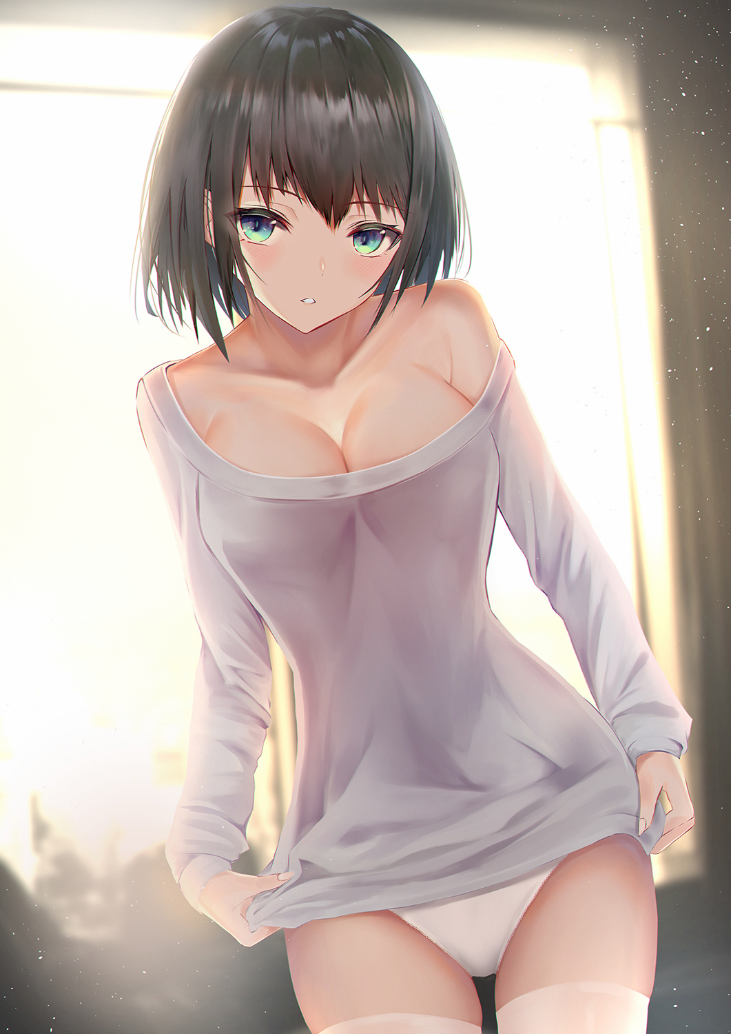 1girl aqua_eyes backlighting bangs bare_shoulders black_hair bloom blurry blush breasts collarbone cowboy_shot depth_of_field fingernails highres indoors large_breasts light_particles looking_at_viewer loose_clothes no_bra no_pants off-shoulder_shirt off_shoulder original panties parted_lips shirt solo standing sunlight sweater thigh-highs underwear white_legwear white_panties window yk_(pixiv43531291)