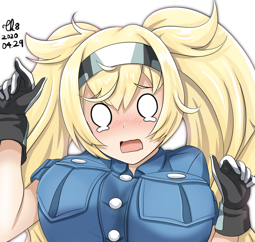 1girl bangs black_gloves blonde_hair blue_shirt blush breast_pocket breasts buttons collared_shirt commentary_request crying crying_with_eyes_open dated eyebrows_visible_through_hair gambier_bay_(kantai_collection) gloves hair_between_eyes hairband hands_up kantai_collection large_breasts long_hair multicolored multicolored_clothes multicolored_gloves nose_blush o_o open_mouth outline pocket shirt short_sleeves sidelocks signature simple_background solo square_mouth tears tk8d32 twintails upper_body wavy_mouth white_background white_gloves