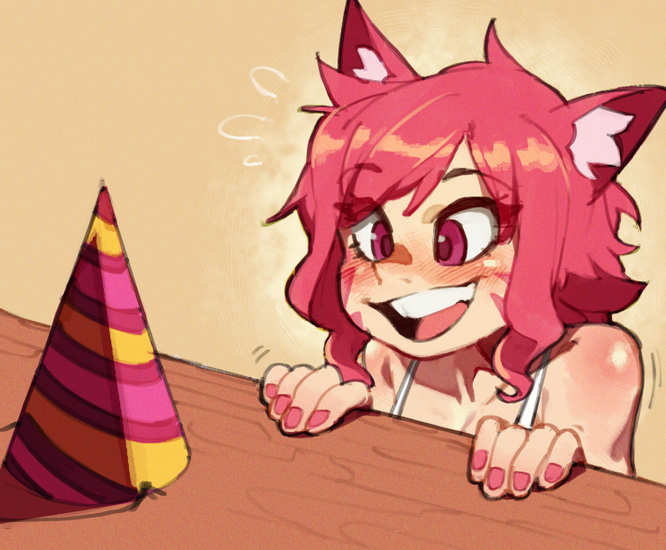1girl animal_ear_fluff animal_ears cat_ears commentary english_commentary excited hat kollerss kollie_(kollerss) open_mouth original party_hat pink_eyes red_eyes red_nails smile solo whisker_markings