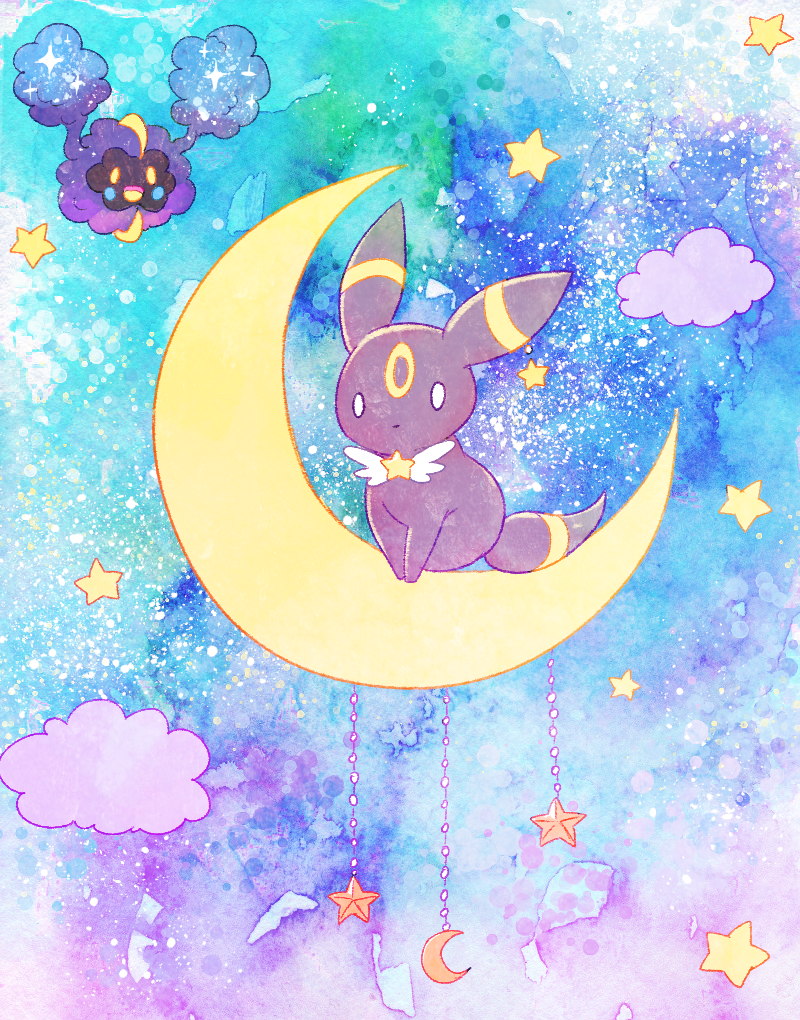 character_request clouds commentary_request crescent_moon gen_2_pokemon kemoribon moon pokemon sitting_on_moon star tail umbreon wings