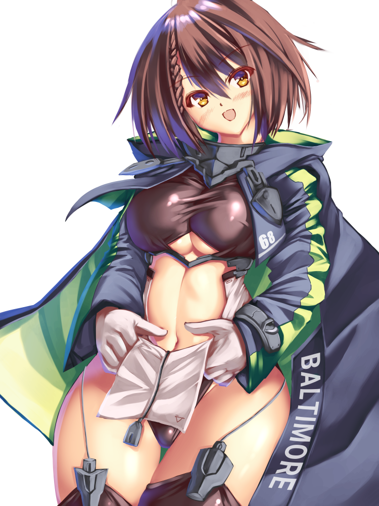 1girl :d ahoge azur_lane baltimore_(azur_lane) bangs black_legwear black_leotard blue_coat blush braid breasts brown_hair center_opening character_name coat collar commentary_request cowboy_shot eyebrows_visible_through_hair french_braid garter_straps gloves groin hair_between_eyes head_tilt hood hood_down hooded_coat large_breasts leotard leotard_under_clothes lifted_by_self long_sleeves looking_at_viewer midriff midriff_cutout multicolored_coat navel number open_mouth pelvic_curtain shiny shiny_clothes short_hair side_slit sidelocks simple_background smile solo standing taut_clothes thigh-highs under_boob underboob_cutout white_background white_gloves yellow_eyes yoshikawa_akito zipper zipper_pull_tab