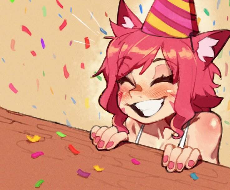 1girl animal_ear_fluff animal_ears blush cat_ears commentary confetti english_commentary grin happy hat kollerss kollie_(kollerss) nose_blush original party_hat pink_eyes red_eyes red_nails smile solo whisker_markings