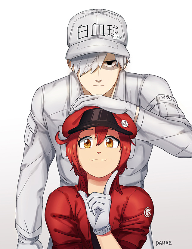 1boy 1girl :| ahoge artist_name baseball_cap black_eyes black_shirt brown_eyes cabbie_hat closed_mouth collared_shirt dahae empty_eyes expressionless eyelashes gloves gradient gradient_background hair_between_eyes hair_over_one_eye hand_on_another's_head hat hataraku_saibou index_finger_raised jacket jitome light_smile looking_at_viewer pocket pointing pointing_up raised_eyebrows red_headwear red_jacket redhead shaded_face shirt short_hair standing translated uniform upper_body white_background white_gloves white_hair white_headwear white_shirt