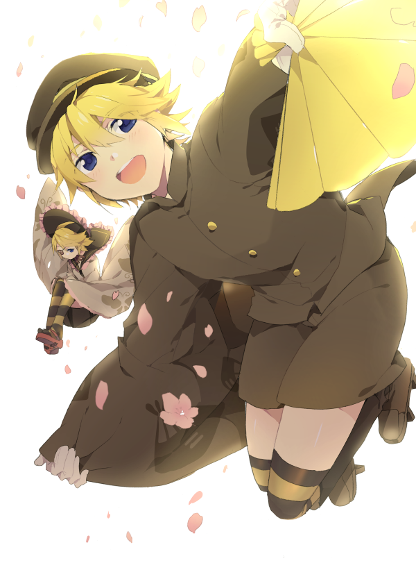 1boy 1girl black_capelet black_legwear black_shirt black_shorts blonde_hair blue_eyes capelet cherry_blossoms commentary dress expressionless eyepatch falling_petals fan folding_fan frilled_capelet frills geta hat holding holding_fan kagamine_len kagamine_rin knees_up looking_at_viewer military military_hat military_uniform ni_no_sakura_kouchou_(module) ni_no_sakura_senbu_(module) open_mouth petals project_diva_(series) senbon-zakura_(vocaloid) shirt short_hair shorts sinaooo smile thigh-highs uniform vocaloid white_background white_dress wide_sleeves