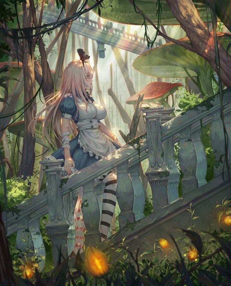 1girl alice_(wonderland) alice_in_wonderland apron bandaged_arm bandages blue_dress breasts day dress forest frilled_apron frills grass large_breasts light_rays long_hair mismatched_legwear mushroom nature outdoors pantyhose plant profile short_sleeves solo striped striped_legwear sunbeam sunlight tree ttutto vines white_apron white_hair