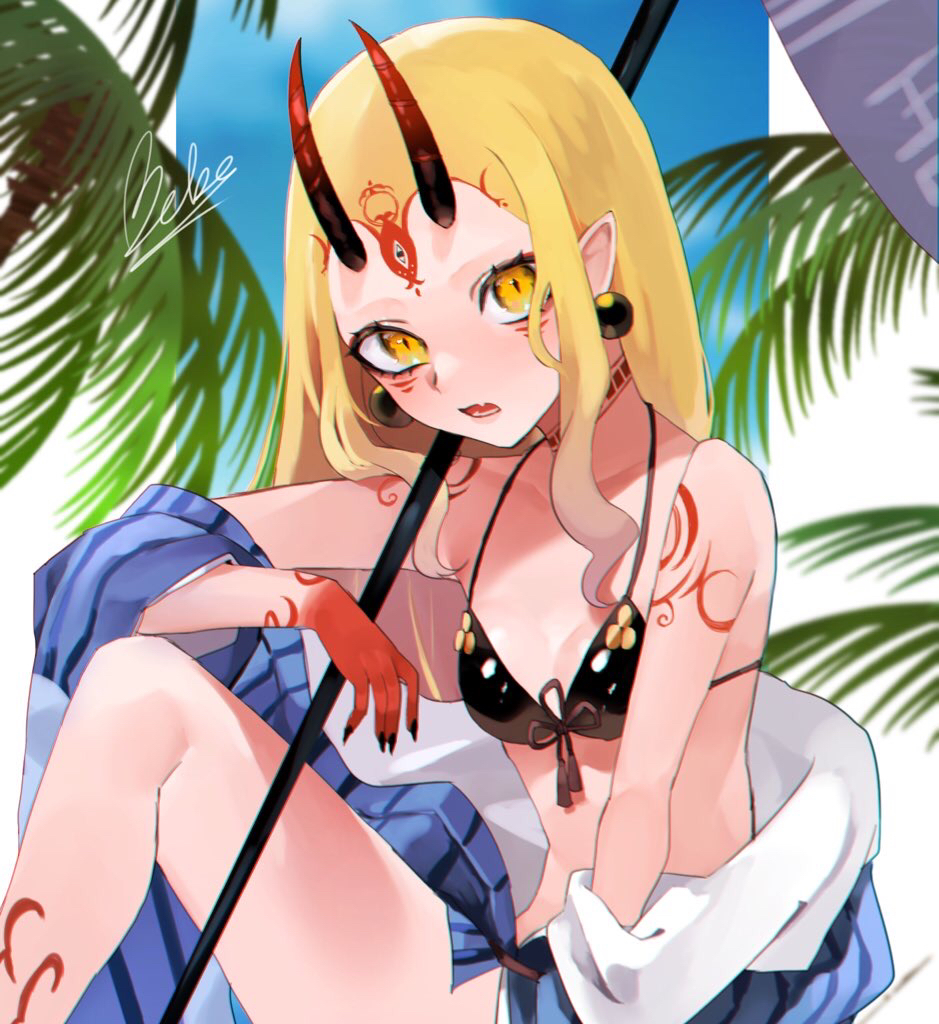 1girl artist_name bare_shoulders bebe_pp bikini black_bikini black_nails blonde_hair blue_kimono breasts commentary_request facial_mark fang fate/grand_order fate_(series) holding horns ibaraki_douji_(fate/grand_order) japanese_clothes kimono long_hair looking_at_viewer medium_breasts off-shoulder_kimono oni oni_horns sitting skin_fang solo swimsuit tattoo yellow_eyes