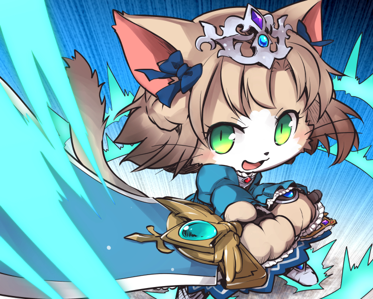 1girl :3 adria_(cat_busters) animal_ears bow brown_hair cat cat_busters cat_ears cat_girl cat_tail commentary_request furry green_eyes hair_bow holding holding_sword holding_weapon jewelry nekoguruma open_mouth slit_pupils solo sword tail weapon