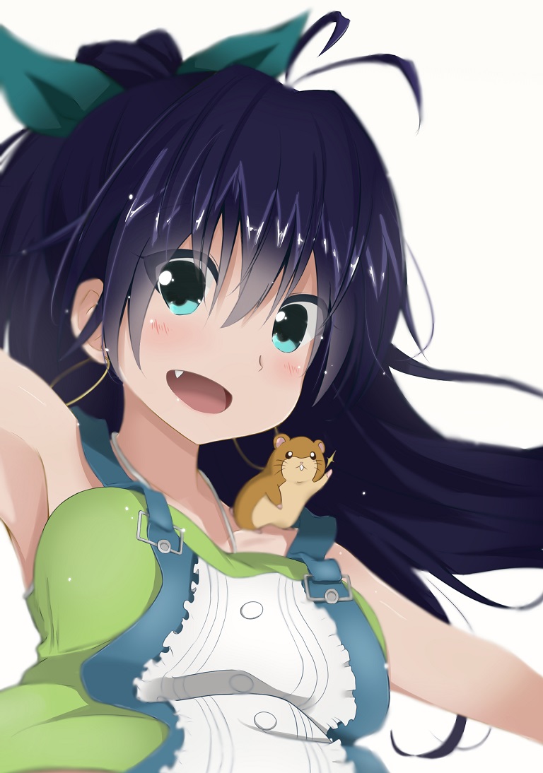 1girl animal_on_shoulder antenna_hair armpits bangs black_hair blue_eyes blush breasts commentary_request earrings fang ganaha_hibiki green_ribbon hair_between_eyes hair_ribbon hamster hoop_earrings idolmaster jewelry long_hair looking_at_viewer medium_breasts not_on_shana open_mouth outstretched_arms ponytail ribbon solo upper_body