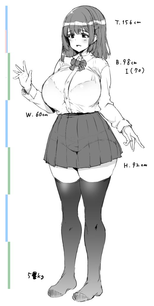 1girl blush bra breasts character_request copyright_request full_body greyscale large_breasts measurements medium_hair monochrome oohira_sunset panties pleated_skirt see-through skirt solo standing thigh-highs underwear uniform wide_hips
