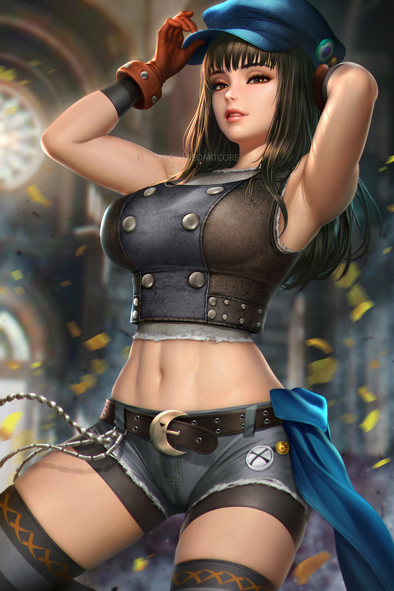 1girl armpits belt belt_chain bike_shorts bike_shorts_under_shorts black_hair cabbie_hat crescent_belt_buckle denim denim_shorts final_fantasy final_fantasy_vii final_fantasy_vii_remake gloves hat kyrie_canaan licking_lips looking_at_viewer midriff navel nudtawut_thongmai short_shorts shorts sleeveless solo stomach thigh-highs tongue tongue_out