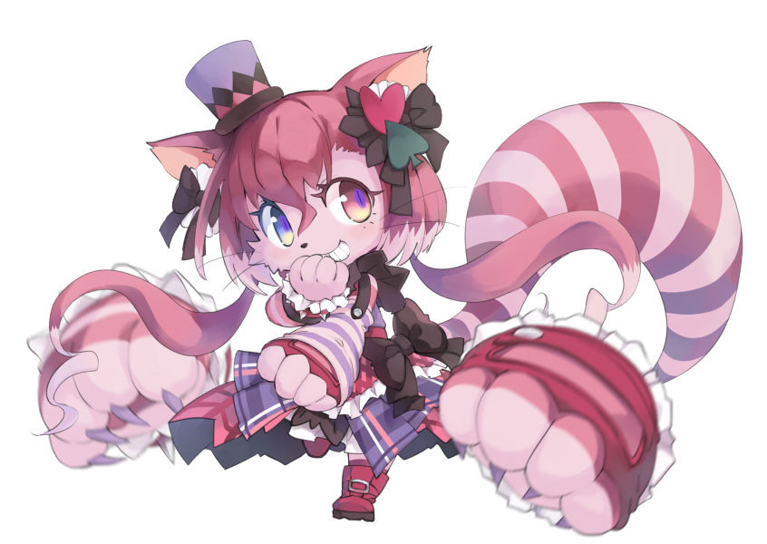 1girl animal_ears black_bow bow cat cat_busters cat_ears cat_girl cat_tail cheshire_cat cheshire_cat_(cat_busters) commentary_request fingerless_gloves full_body furry gloves grin hair_bow hand_to_own_mouth hat heterochromia leg_up long_tail nekoguruma simple_background single_glove smile solo striped_sleeves striped_tail tail white_background