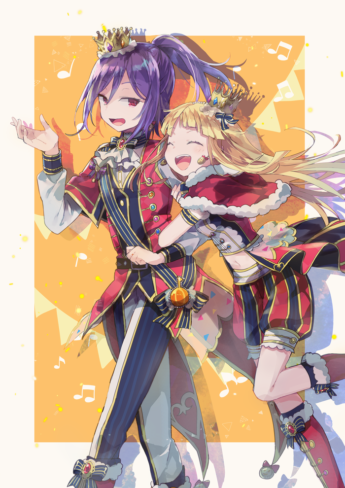 2girls :d ^_^ arm_hug ascot bang_dream! bangs belt blonde_hair boots bow brooch capelet clenched_hand closed_eyes crown earrings fur-trimmed_capelet fur_trim hand_up jewelry long_hair midriff multiple_girls musical_note navel open_mouth orange_background oto_(rozeko) pants ponytail red_capelet red_eyes red_footwear ribbon sash seta_kaoru shorts sidelocks smile standing standing_on_one_leg string_of_flags striped striped_bow striped_pants striped_ribbon striped_shorts tsurumaki_kokoro violet_eyes walking white_neckwear