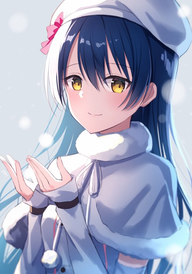 1girl bangs blue_hair blush capelet commentary_request detached_sleeves eyebrows_visible_through_hair fur_trim hair_between_eyes hands_up hat long_hair love_live! love_live!_school_idol_project nonono simple_background smile snow_halation sonoda_umi upper_body yellow_eyes