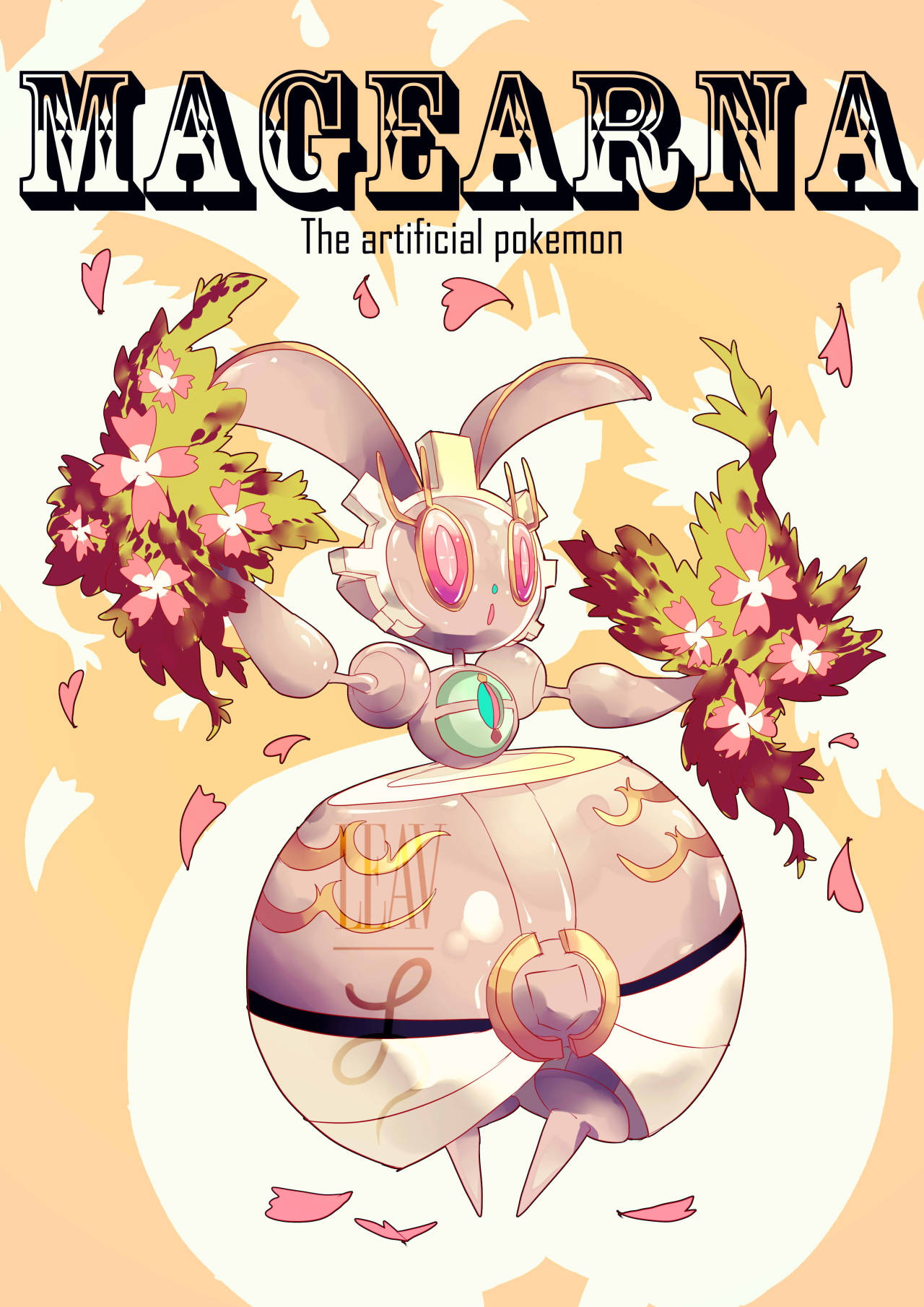 bunny_focus character_name creature english_text full_body gen_7_pokemon highres leavcafe magearna magearna_(normal) mythical_pokemon no_humans petals pink_eyes pokemon pokemon_(creature) rabbit solo