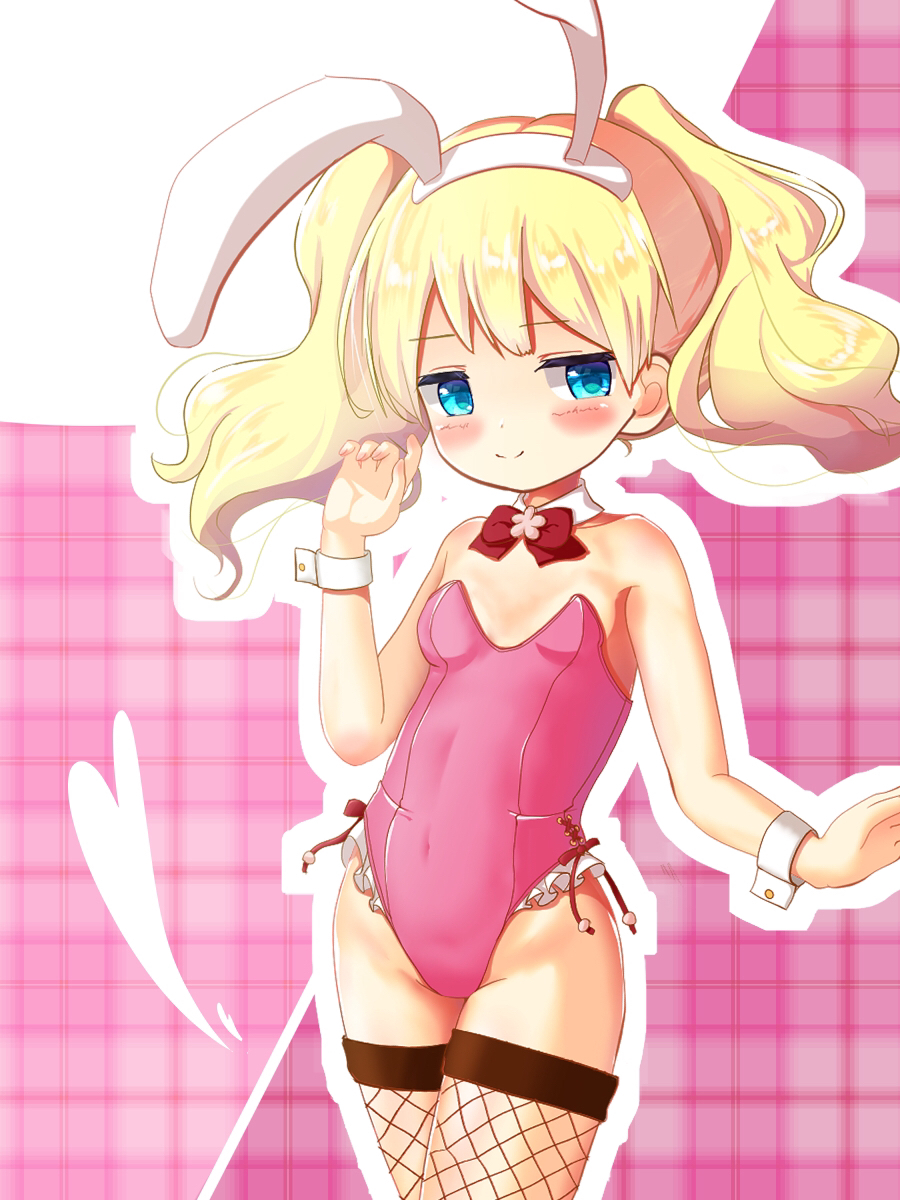 1girl alice_cartelet animal_ears blonde_hair blue_eyes bow bowtie breasts bunny_girl bunny_tail bunnysuit commentary_request cowboy_shot detached_collar fishnet_legwear fishnets grid_background highres kin-iro_mosaic leotard long_hair looking_to_the_side pink_background pink_leotard rabbit_ears red_neckwear small_breasts smile solo strapless strapless_leotard tail twintails wanwan_(skoji1234) wrist_cuffs