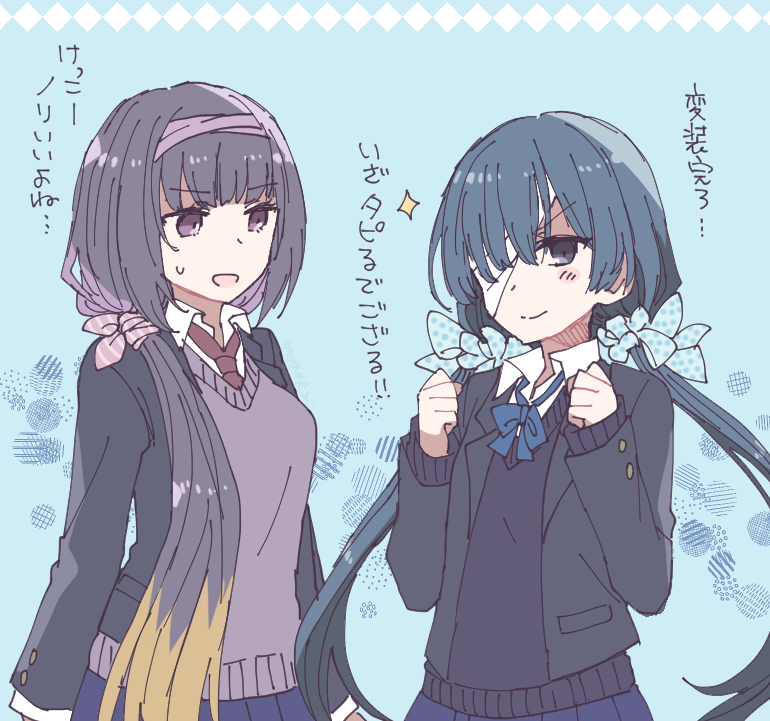 2girls bandage_over_one_eye black_hair blazer bow brown_hair fate/grand_order fate_(series) fist_pump hairband jacket long_hair low_twintails mikan_tabetai mochizuki_chiyome_(fate/grand_order) multiple_girls necktie osakabe-hime_(fate/grand_order) twintails