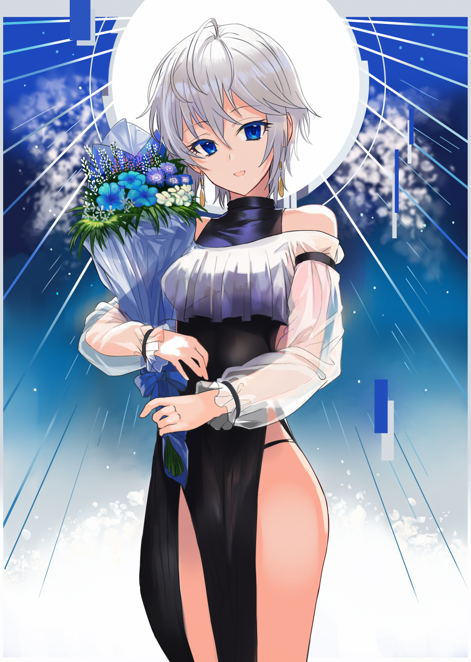 1girl anastasia_(idolmaster) ashita_(2010) bangs bare_shoulders black_dress blue_background blue_eyes bouquet breasts dress earrings flower gradient gradient_background highres idolmaster idolmaster_cinderella_girls jewelry long_sleeves looking_at_viewer medium_breasts open_mouth puffy_sleeves see-through_sleeves short_hair side_slit silver_hair smile solo thighs