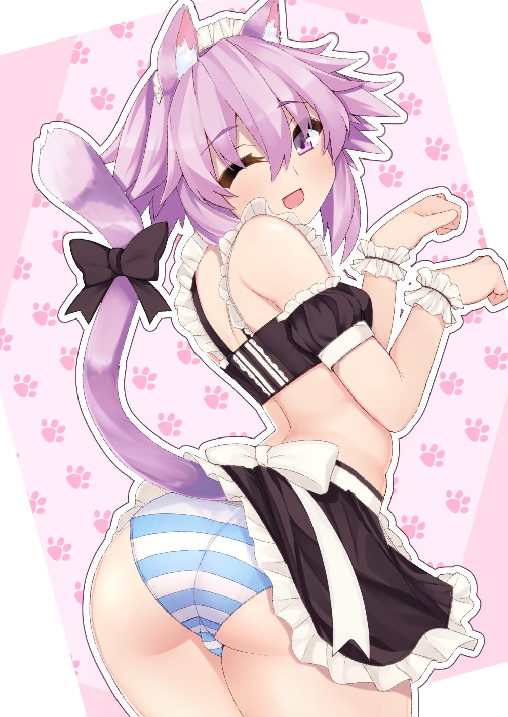 1girl animal_ears ass blush breasts cat_ears cat_tail dress dura frilled_dress frills from_behind hair_between_eyes highres looking_at_viewer maid maid_dress maid_headdress neptune_(neptune_series) neptune_(series) open_mouth panties paw_pose purple_hair short_hair smile solo striped striped_panties tail underwear violet_eyes wrist_cuffs