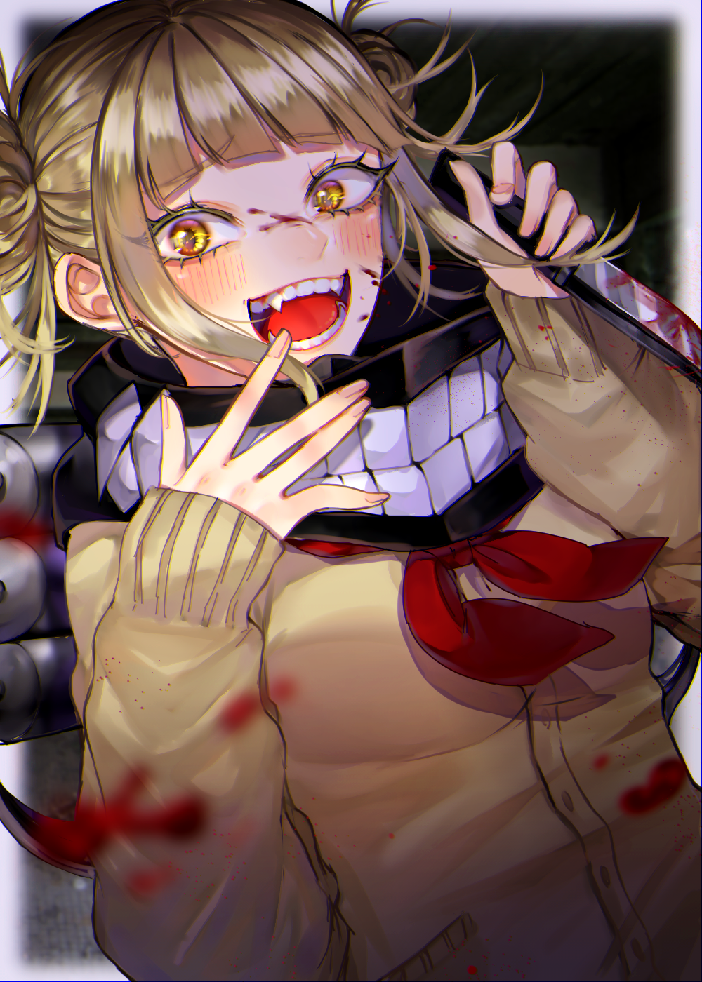 1girl :d bangs blood bloody_knife blush boku_no_hero_academia brown_cardigan brown_eyes brown_hair cardigan commentary_request double_bun eyebrows_visible_through_hair fangs hands_up highres holding holding_knife knife long_sleeves looking_at_viewer maria_(maria0304) messy_hair neckerchief open_mouth red_neckwear sleeves_past_wrists smile solo toga_himiko upper_body