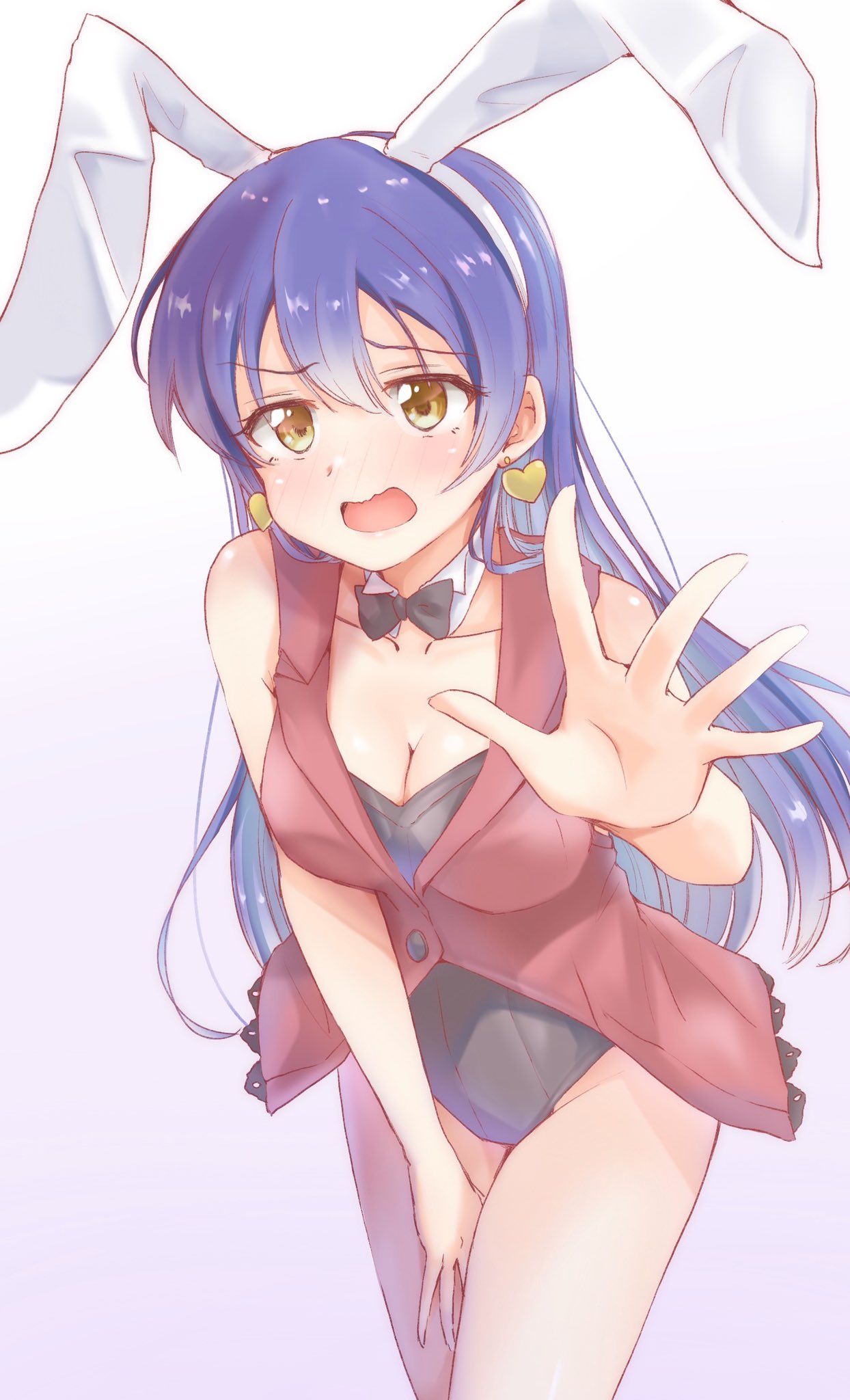 1girl animal_ears bangs blue_hair blush bow bowtie bunny_girl bunnysuit commentary_request covering cowboy_shot detached_collar earrings embarrassed fake_animal_ears hair_between_eyes heart heart_earrings highres jewelry korekara_no_someday long_hair looking_at_viewer love_live! love_live!_school_idol_project omoi_seiji open_mouth rabbit_ears simple_background solo sonoda_umi standing wavy_mouth white_background yellow_eyes