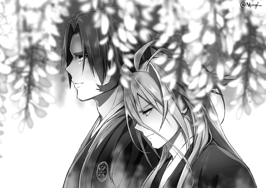 2boys antenna_hair blurry depth_of_field flower greyscale japanese_clothes male_focus monochrome multiple_boys nyagi profile sengo_muramasa_(touken_ranbu) smile tonbokiri_(touken_ranbu) touken_ranbu upper_body wisteria