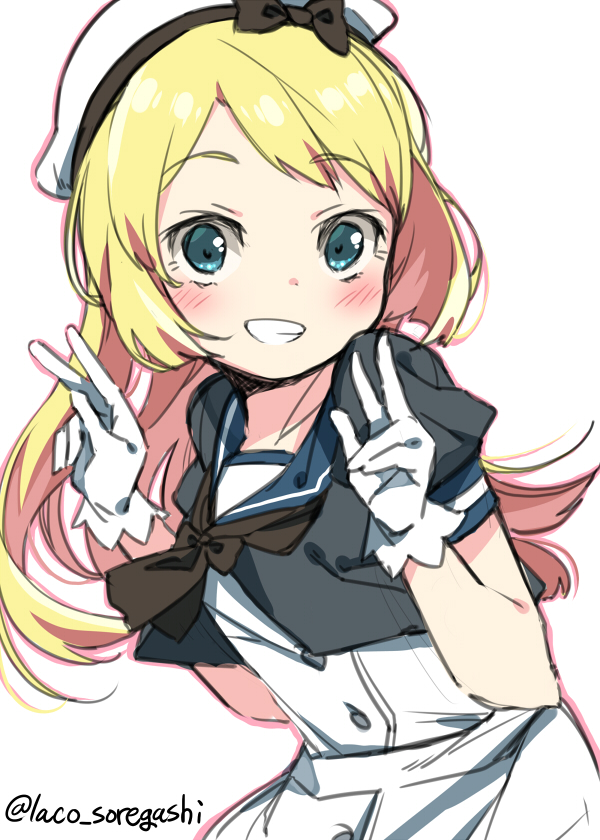 1girl blonde_hair blue_eyes blue_sailor_collar cowboy_shot double_v dress gloves grin hat jervis_(kantai_collection) kantai_collection laco_soregashi long_hair looking_at_viewer sailor_collar sailor_dress sailor_hat short_sleeves simple_background smile solo twitter_username v white_background white_dress white_gloves white_headwear