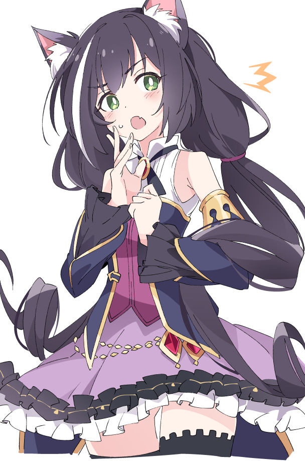 /\/\/\ 1girl animal_ears black_hair black_legwear blush cat_ears detached_sleeves eyebrows_visible_through_hair fang green_eyes ixy kyaru_(princess_connect) long_hair low_twintails multicolored_hair open_mouth princess_connect! princess_connect!_re:dive purple_skirt simple_background skirt solo streaked_hair thigh-highs thigh_gap twintails white_background white_hair zettai_ryouiki