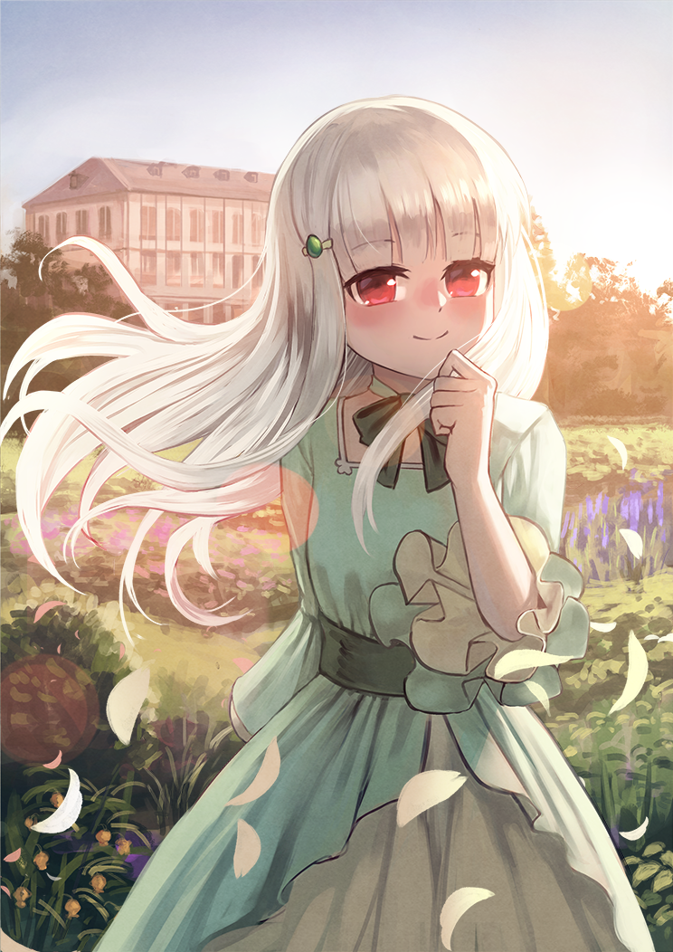 1girl bangs blue_sky blush building closed_mouth commentary_request day dress eyebrows_visible_through_hair floating_hair flower gomashiwo_o grass green_dress hair_ornament hairclip hand_up long_hair long_sleeves mansion otome_game_no_hametsu_flag_shika_nai_akuyaku_reijou_ni_tensei_shite_shimatta outdoors petals purple_flower red_eyes silver_hair sky smile solo sophia_ascart very_long_hair wind