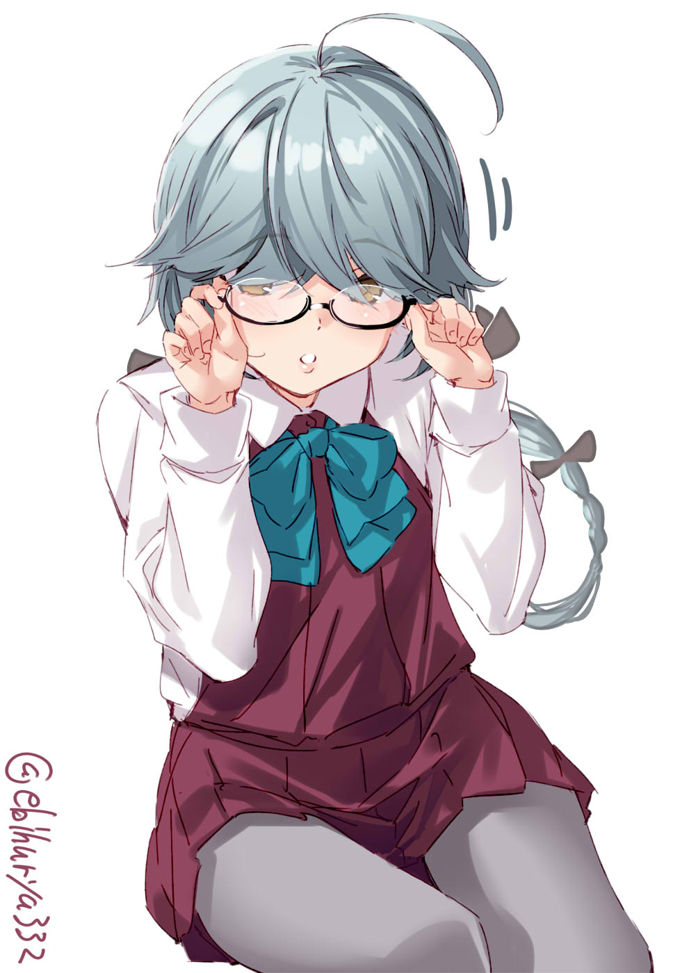 1girl adjusting_eyewear ahoge artist_name black-framed_eyewear black_ribbon blue_neckwear bow bowtie braid brown_eyes dress ebifurya glasses grey_hair grey_legwear hair_over_eyes hair_ribbon hamanami_(kantai_collection) highres kantai_collection long_hair long_sleeves pantyhose pleated_dress purple_dress purple_legwear ribbon school_uniform seamed_legwear shirt side-seamed_legwear single_braid twitter_username white_shirt