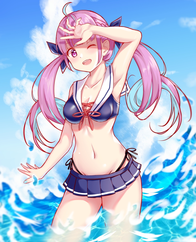 1girl ;d ahoge akinatsu_meguru arm_up armpits blue_hair blue_nails blue_ribbon blush braid breasts clouds collarbone commentary_request cowboy_shot day eyebrows_visible_through_hair fingernails front-tie_top groin hair_ribbon head_tilt hololive long_hair looking_at_viewer medium_breasts microskirt minato_aqua multicolored_hair nail_polish navel one_eye_closed open_mouth outdoors pink_eyes pink_hair pleated_skirt ribbon sailor_bikini sailor_collar skirt sky smile solo streaked_hair swimsuit twintails two-tone_hair virtual_youtuber water