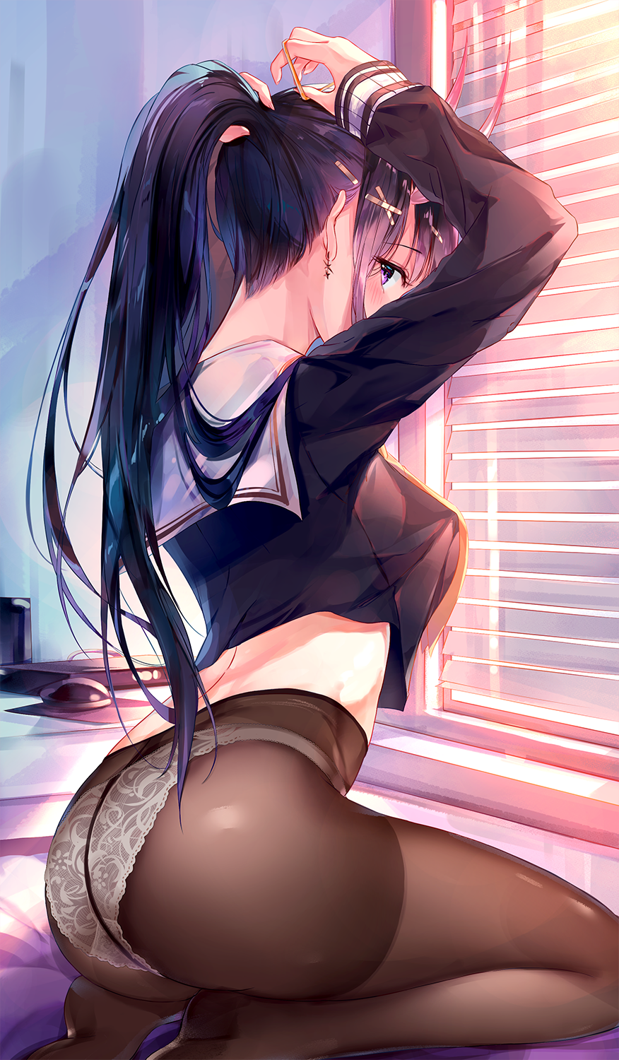 1girl ass azur_lane black_hair black_serafuku breasts brown_legwear commentary_request earrings eyebrows_visible_through_hair fallen_heaven hair_ornament hairclip highres indoors jewelry long_hair long_sleeves looking_at_viewer medium_breasts noshiro_(azur_lane) panties panties_under_pantyhose pantyhose ponytail school_uniform serafuku sitting solo tying_hair underwear violet_eyes wariza white_panties x_hair_ornament