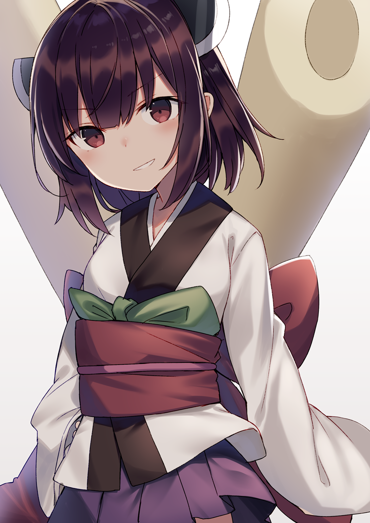 1girl bangs blush brown_eyes brown_hair commentary_request eyebrows_visible_through_hair hair_between_eyes hand_on_hip headgear japanese_clothes kimono kiritanpo_(food) long_sleeves looking_at_viewer obi parted_lips pleated_skirt purple_skirt sash simple_background skirt sleeves_past_wrists smile solo touhoku_kiritan voiceroid white_background white_kimono wide_sleeves yukarite