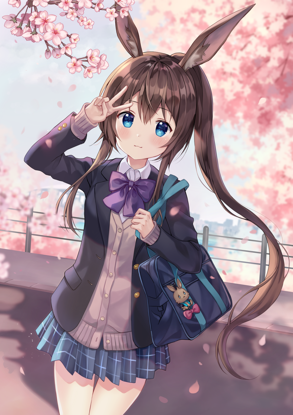 1girl alternate_costume amiya_(arknights) animal_ears arknights arm_up bag bangs blazer blue_bow blue_eyes blue_jacket blue_neckwear blue_skirt blush bow bowtie brown_hair cherry_blossoms commentary_request cowboy_shot hair_between_eyes highres jacket long_hair long_ponytail long_sleeves looking_at_viewer mayo_(miyusa) miniskirt partial_commentary petals plaid plaid_skirt pleated_skirt rabbit_ears railing school_bag school_uniform skirt smile solo standing thighs v very_long_hair