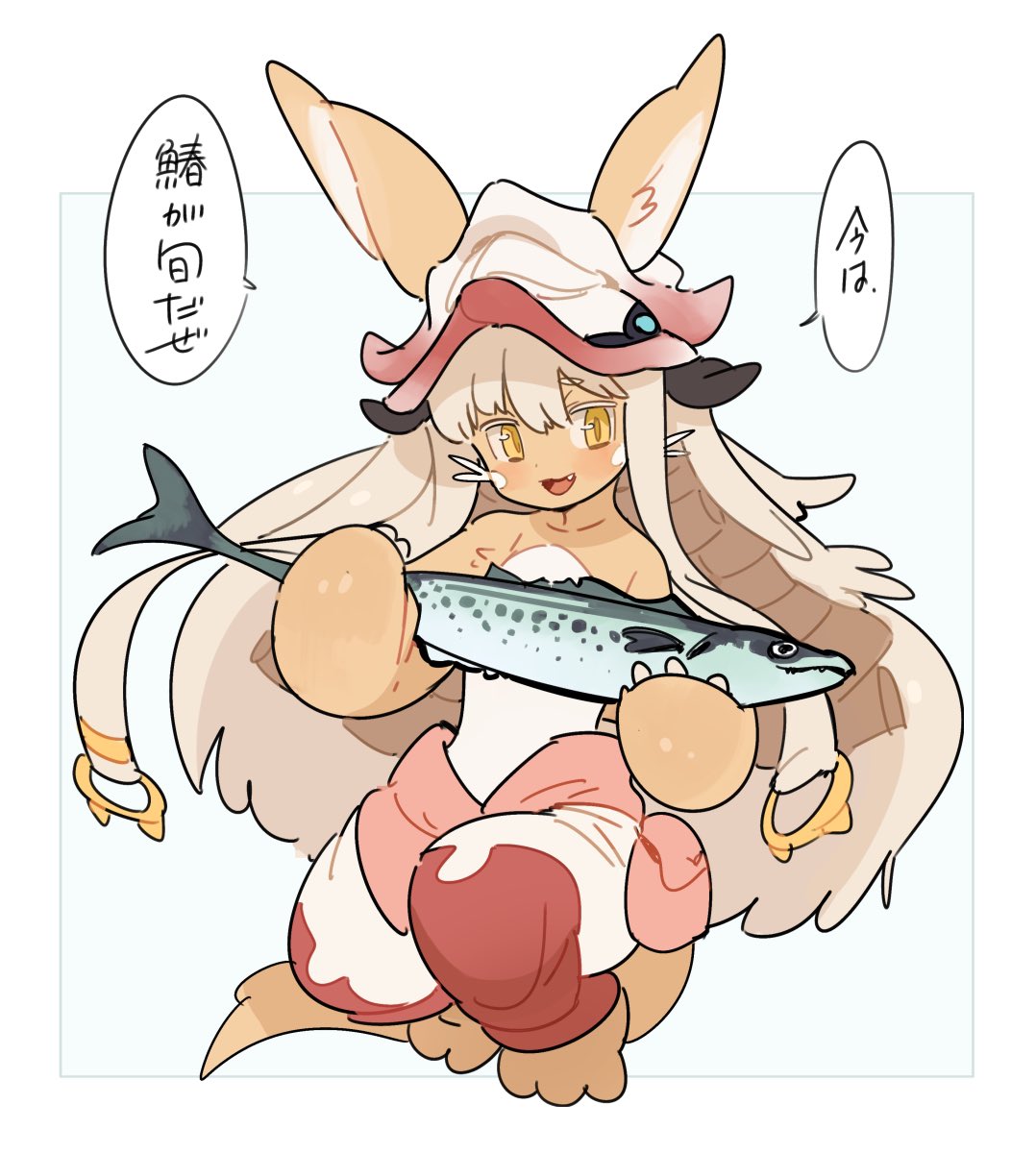 1other :o animal_ears barefoot blush bunny_girl claws colored_eyelashes eyebrows eyebrows_visible_through_hair fang fish flat_chest full_body fur furry hair_ornament hat highres holding_fish horns kazue1000 long_hair looking_at_viewer made_in_abyss midriff nanachi_(made_in_abyss) open_mouth pants pouch puffy_pants rabbit rabbit_ears simple_background solo speech_bubble stomach straight_hair tail whiskers white_background yellow_eyes