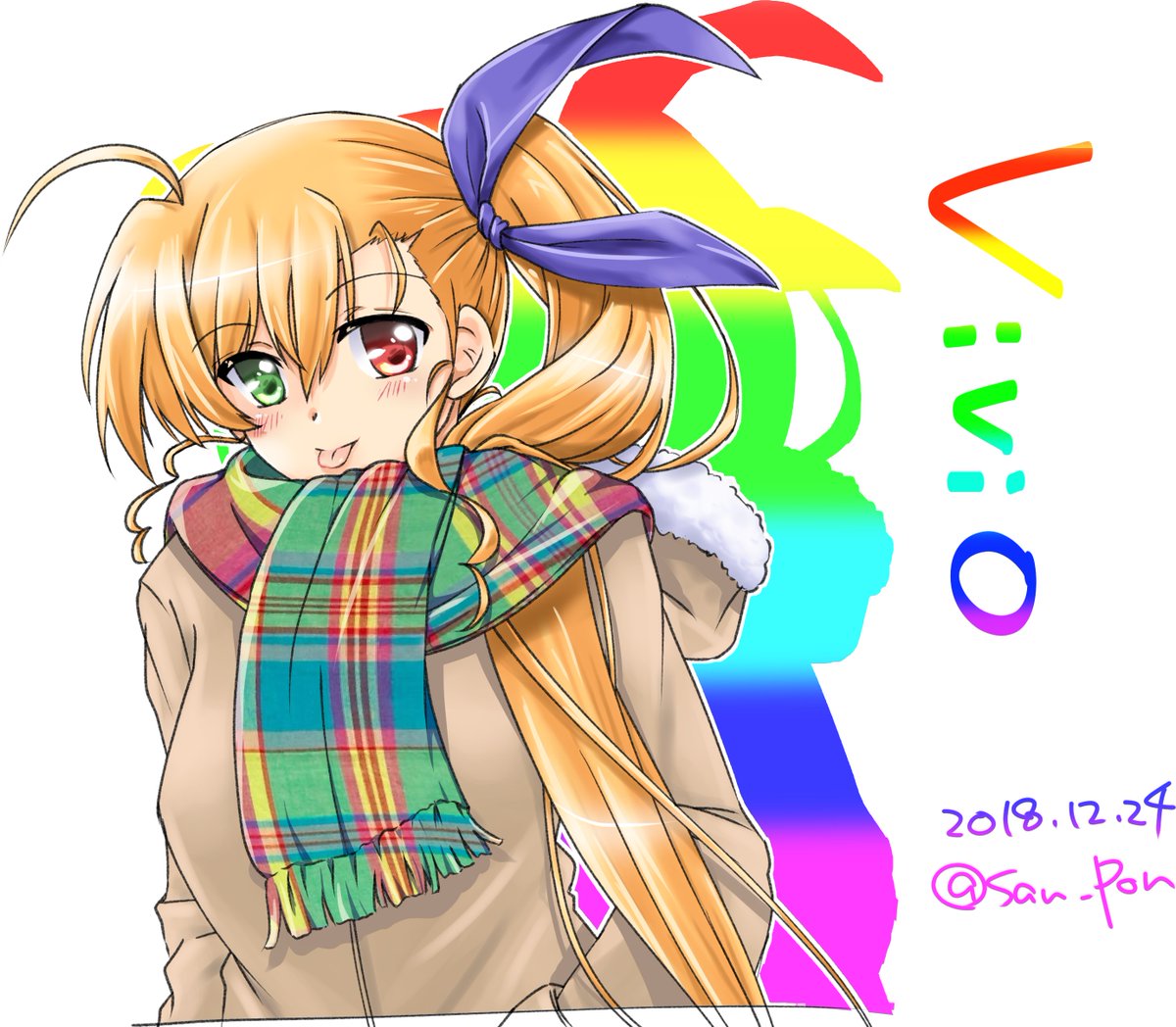 1girl :p ahoge alternate_costume blonde_hair blue_ribbon blush brown_coat casual character_name coat commentary_request dated green_eyes hair_ribbon heterochromia hood hood_down hooded_coat long_hair lyrical_nanoha mahou_shoujo_lyrical_nanoha_strikers mahou_shoujo_lyrical_nanoha_vivid older rainbow_gradient rainbow_scarf red_eyes ribbon san-pon scarf side_ponytail solo tongue tongue_out twitter_username upper_body very_long_hair vivio white_background