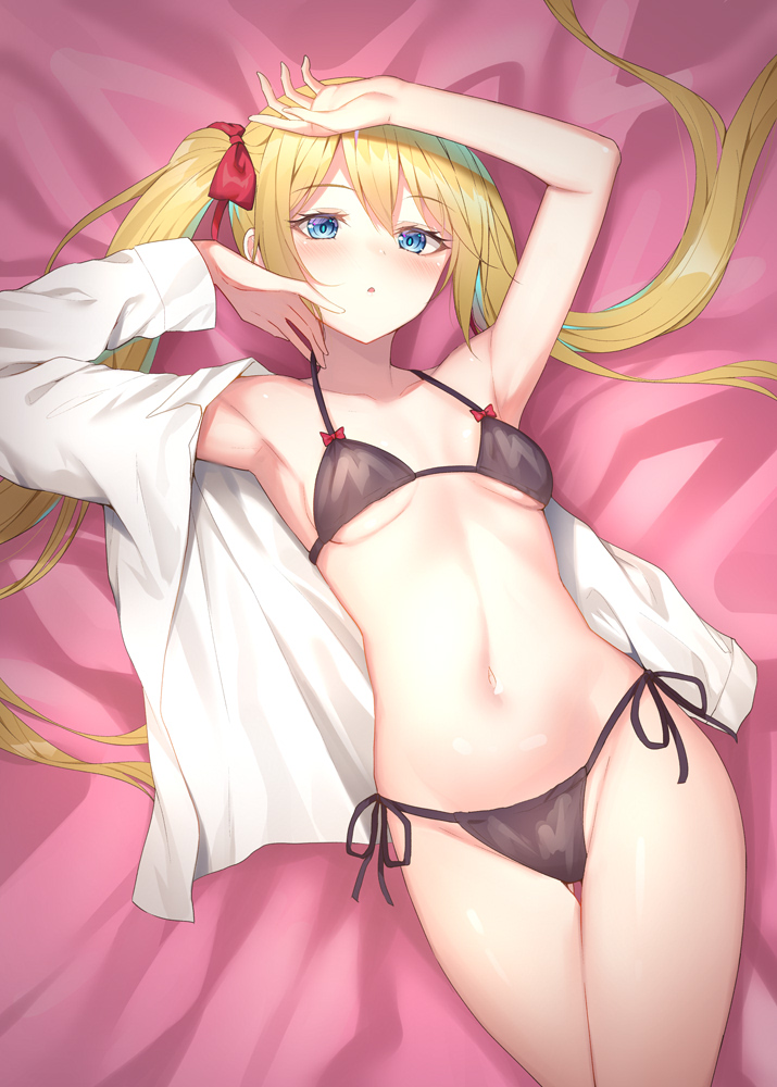1girl alexmaster armpits arms_up bare_arms bare_shoulders bed_sheet bikini black_bikini blonde_hair blue_eyes bow breasts commentary_request groin hair_bow halter_top halterneck long_hair long_sleeves looking_at_viewer lying navel no_pants on_back open_clothes open_shirt original parted_lips shirt side-tie_bikini small_breasts solo stomach string_bikini swimsuit thighs twintails very_long_hair white_shirt